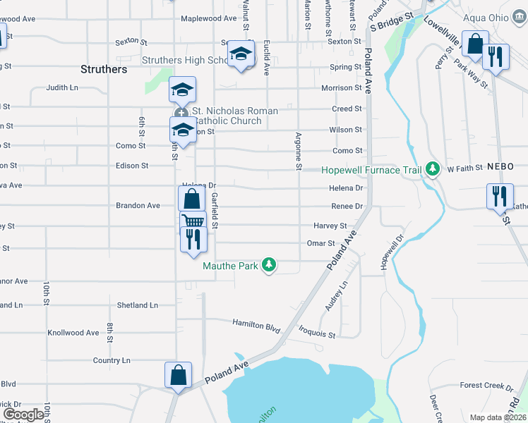 map of restaurants, bars, coffee shops, grocery stores, and more near 176 Renee Drive in Struthers
