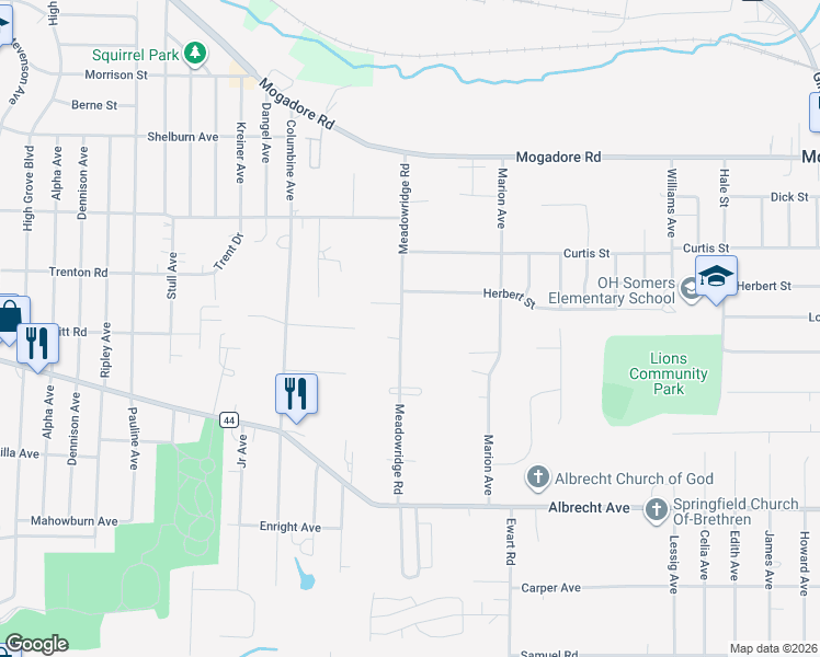 map of restaurants, bars, coffee shops, grocery stores, and more near 151 Meadowridge Road in Mogadore