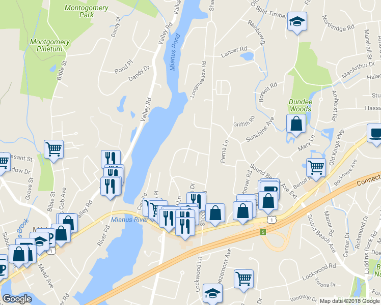 map of restaurants, bars, coffee shops, grocery stores, and more near 1 Elizabeth Lane in Greenwich