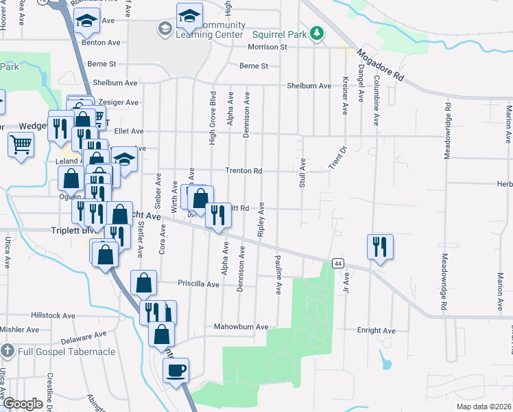 map of restaurants, bars, coffee shops, grocery stores, and more near 400 Ripley Avenue in Akron