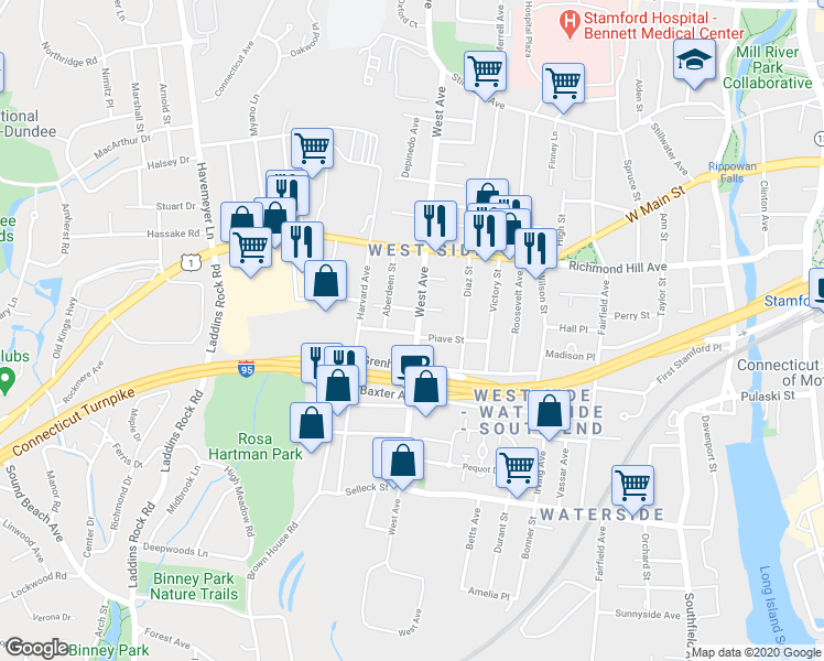 map of restaurants, bars, coffee shops, grocery stores, and more near 219 West Avenue in Stamford
