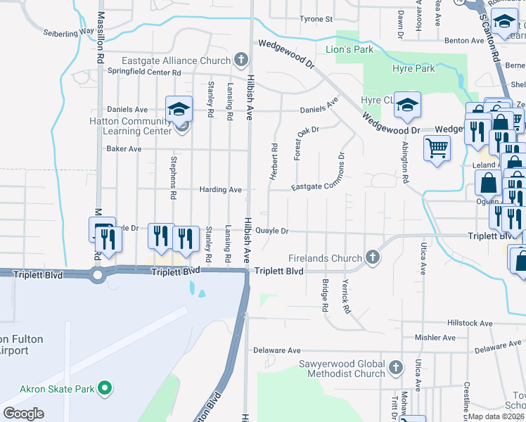 map of restaurants, bars, coffee shops, grocery stores, and more near 586 Herbert Rd in Akron