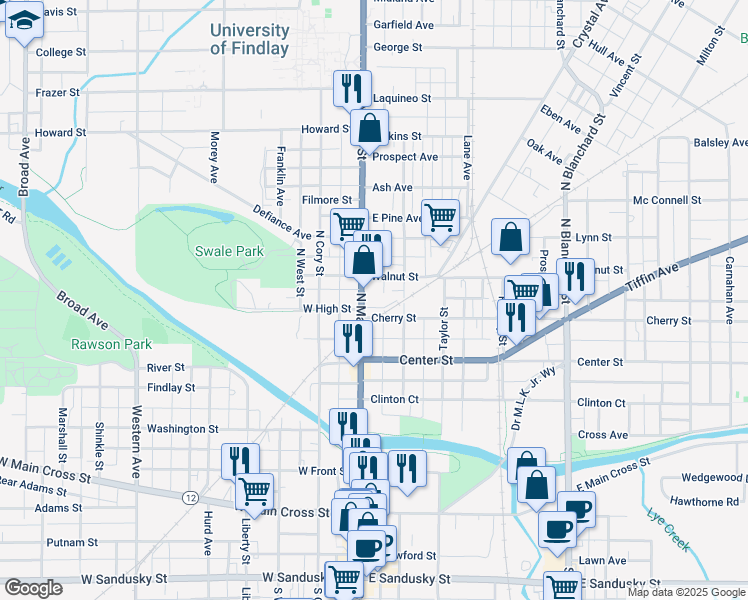 map of restaurants, bars, coffee shops, grocery stores, and more near 413 North Main Street in Findlay