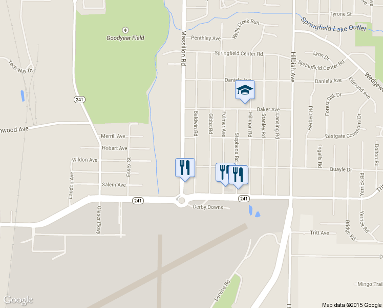 map of restaurants, bars, coffee shops, grocery stores, and more near 548 Baldwin Rd in Akron