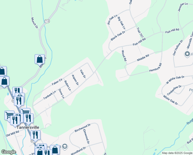 map of restaurants, bars, coffee shops, grocery stores, and more near 104 Warbler Way in Tannersville