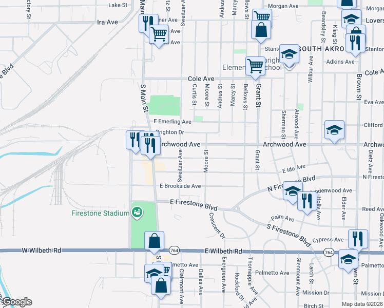map of restaurants, bars, coffee shops, grocery stores, and more near 103 East Mapledale Avenue in Akron