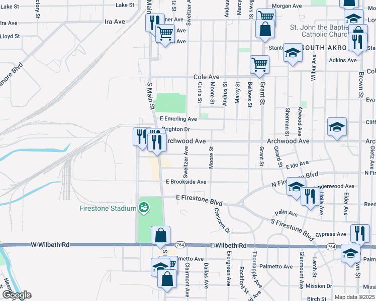 map of restaurants, bars, coffee shops, grocery stores, and more near 65 East Mapledale Avenue in Akron