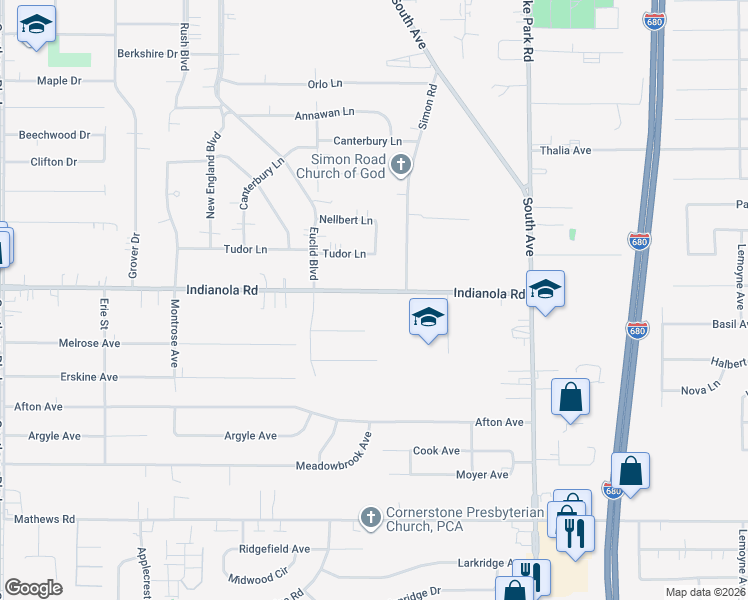 map of restaurants, bars, coffee shops, grocery stores, and more near 755 Indianola Road in Youngstown