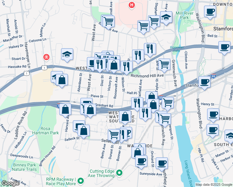 map of restaurants, bars, coffee shops, grocery stores, and more near 60 Roosevelt Avenue in Stamford