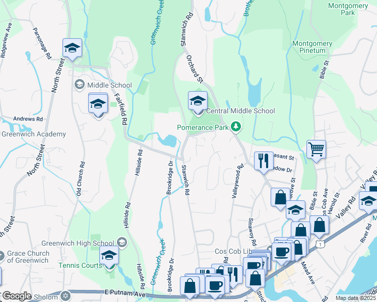map of restaurants, bars, coffee shops, grocery stores, and more near 63 Stanwich Road in Greenwich