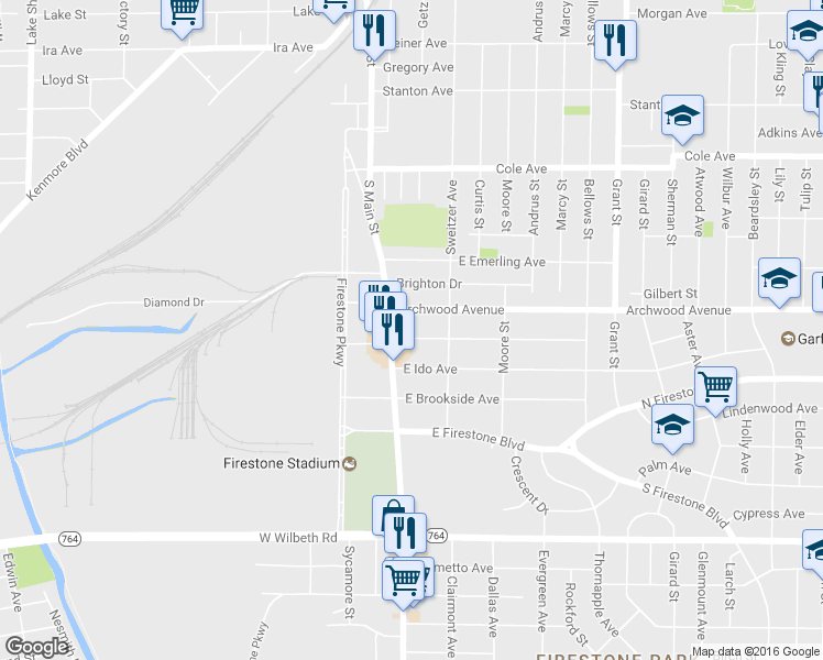 map of restaurants, bars, coffee shops, grocery stores, and more near 19 East Mapledale Avenue in Akron