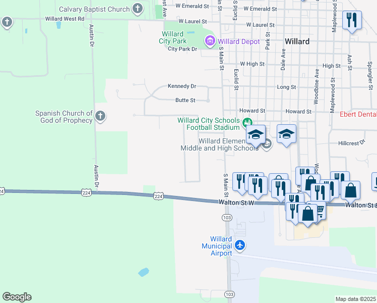 map of restaurants, bars, coffee shops, grocery stores, and more near 909 Armstrong Street in Willard
