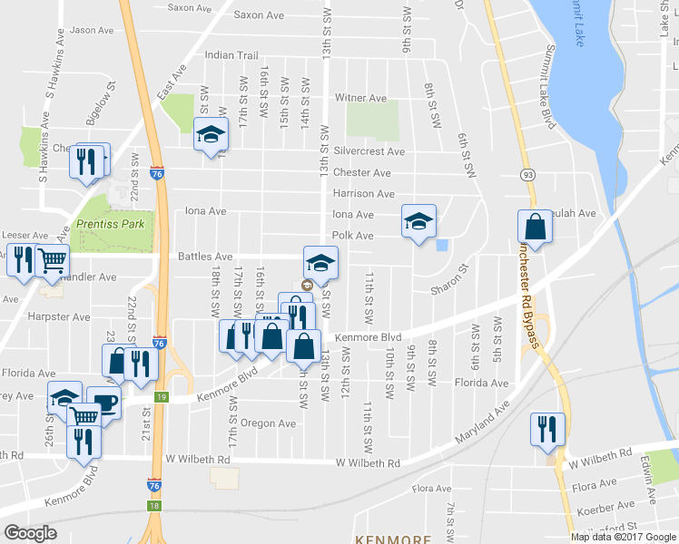 map of restaurants, bars, coffee shops, grocery stores, and more near 2114 12th Street Southwest in Akron
