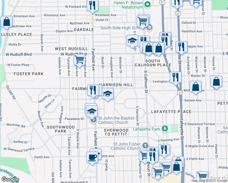 map of restaurants, bars, coffee shops, grocery stores, and more near 4209 Hoagland Avenue in Fort Wayne