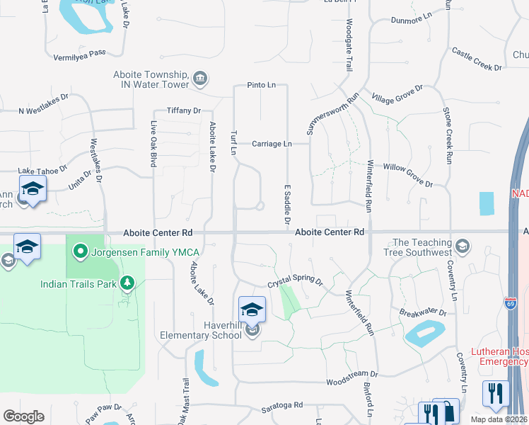 map of restaurants, bars, coffee shops, grocery stores, and more near 9519 Spurwood Court in Fort Wayne