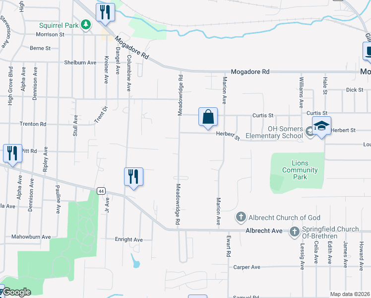 map of restaurants, bars, coffee shops, grocery stores, and more near 151 Meadowridge Road in Mogadore