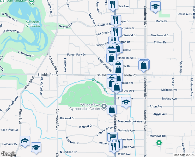 map of restaurants, bars, coffee shops, grocery stores, and more near 101 Shields Road in Youngstown