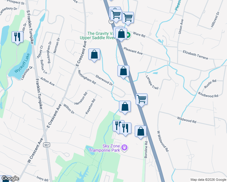 map of restaurants, bars, coffee shops, grocery stores, and more near 259 Nottingham Road in Ramsey
