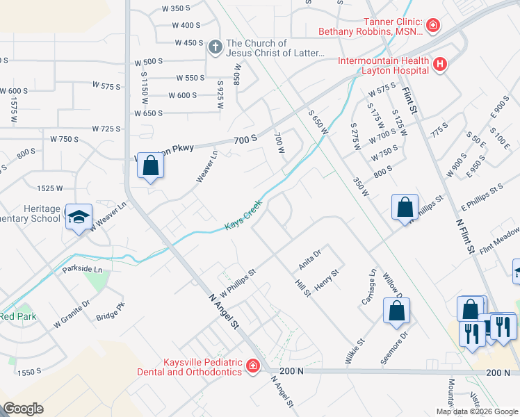 map of restaurants, bars, coffee shops, grocery stores, and more near 659 Kayscreek Road in Kaysville
