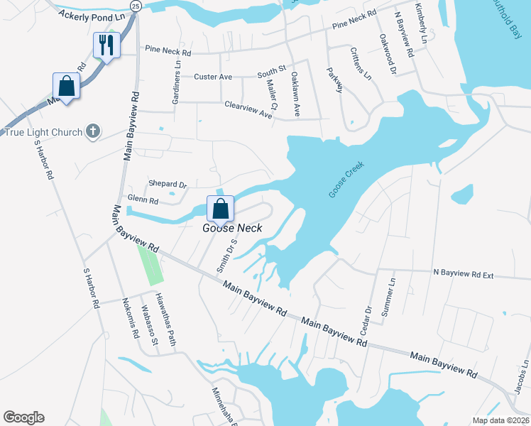 map of restaurants, bars, coffee shops, grocery stores, and more near 1375 Smith Drive North in Southold