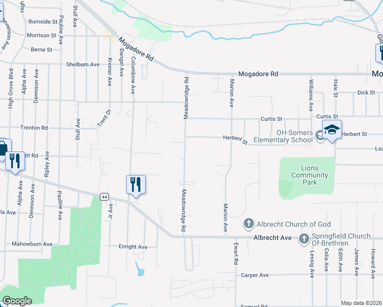 map of restaurants, bars, coffee shops, grocery stores, and more near 151 Meadowridge Road in Mogadore