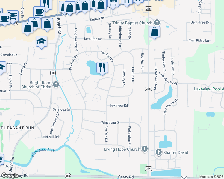 map of restaurants, bars, coffee shops, grocery stores, and more near 2634 Foxbury Lane in Findlay