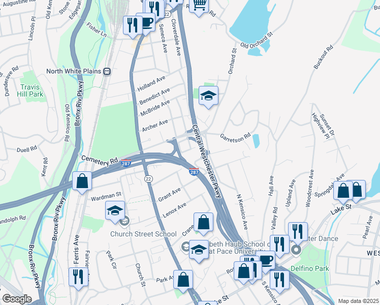 map of restaurants, bars, coffee shops, grocery stores, and more near 85 Griffin Place in White Plains