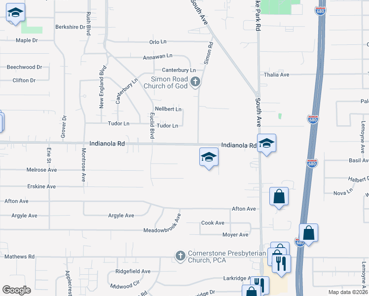 map of restaurants, bars, coffee shops, grocery stores, and more near 755 Indianola Road in Youngstown