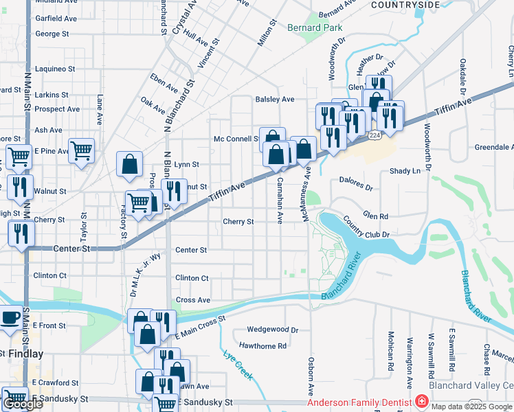 map of restaurants, bars, coffee shops, grocery stores, and more near 419 Central Avenue in Findlay