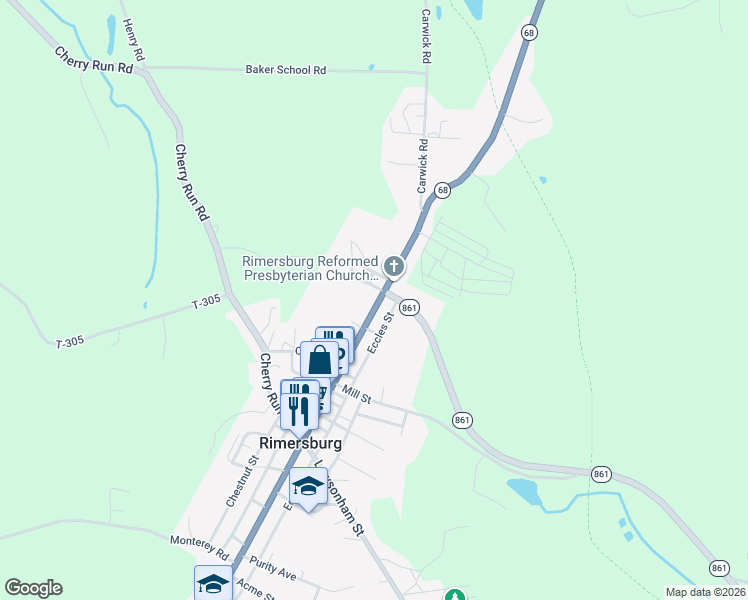 map of restaurants, bars, coffee shops, grocery stores, and more near 825-913 Main Street in Rimersburg
