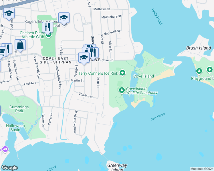 map of restaurants, bars, coffee shops, grocery stores, and more near 86 Euclid Avenue in Stamford