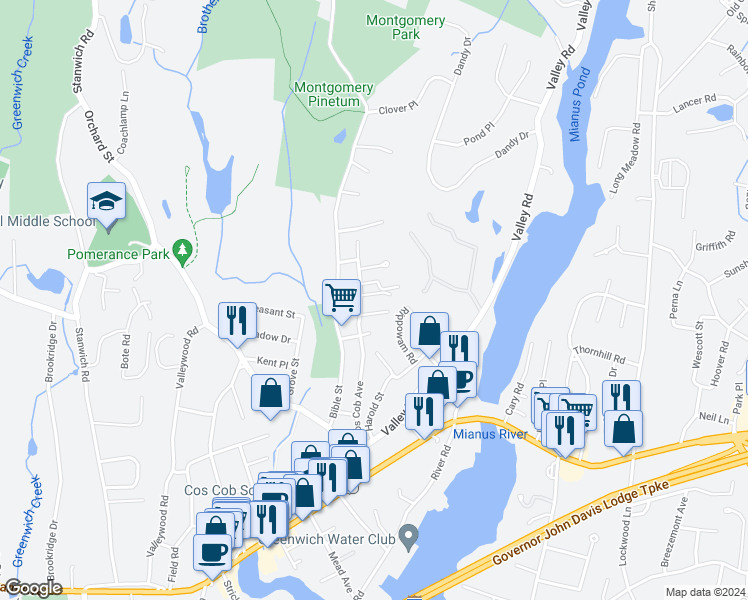 map of restaurants, bars, coffee shops, grocery stores, and more near 69 Cos Cob Avenue in Greenwich