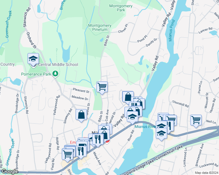 map of restaurants, bars, coffee shops, grocery stores, and more near 69 Cos Cob Avenue in Greenwich