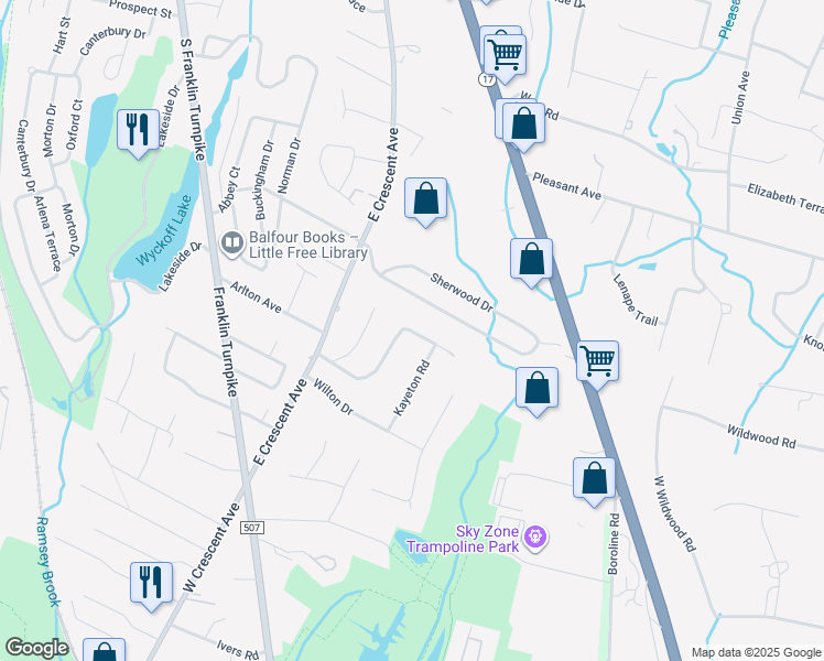 map of restaurants, bars, coffee shops, grocery stores, and more near 53 Harreton Road in Allendale