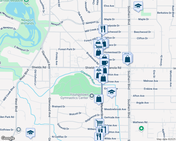 map of restaurants, bars, coffee shops, grocery stores, and more near 101 Shields Road in Youngstown