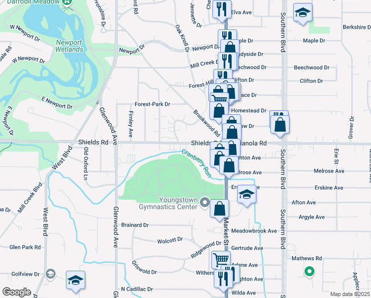 map of restaurants, bars, coffee shops, grocery stores, and more near 137 Shields Road in Youngstown