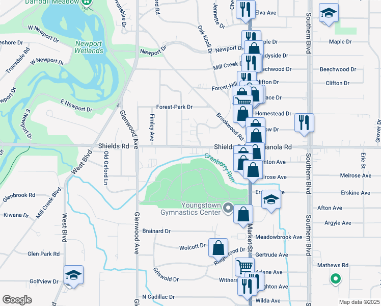map of restaurants, bars, coffee shops, grocery stores, and more near 5101 Aravesta Avenue in Youngstown