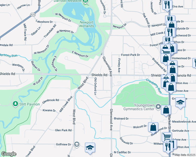 map of restaurants, bars, coffee shops, grocery stores, and more near 5213 Old Oxford Lane in Youngstown