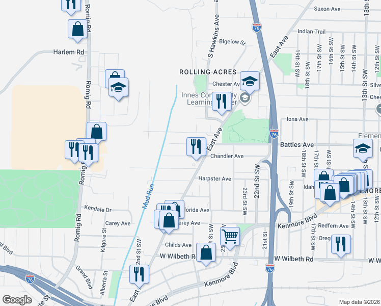 map of restaurants, bars, coffee shops, grocery stores, and more near 1245 Chandler Avenue in Akron