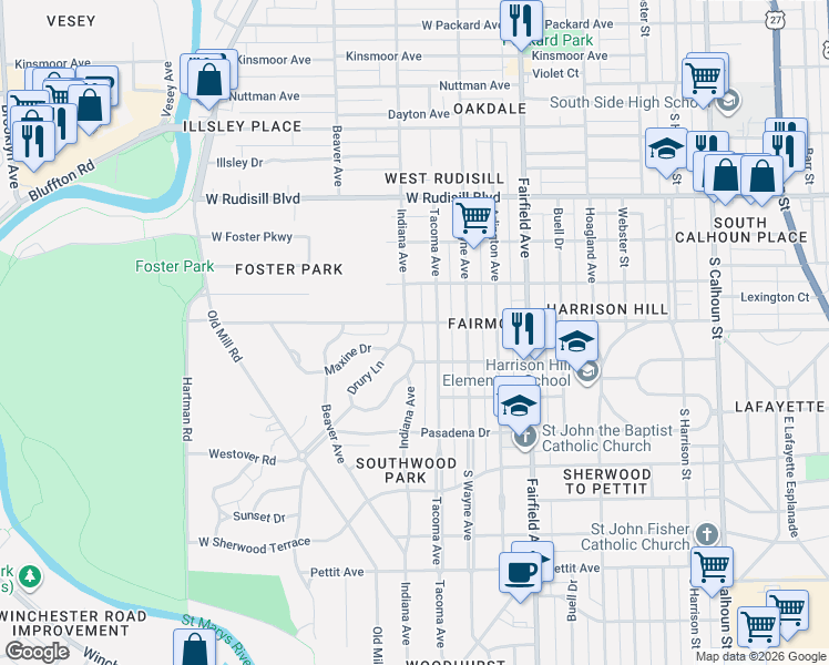 map of restaurants, bars, coffee shops, grocery stores, and more near 4215 Indiana Avenue in Fort Wayne