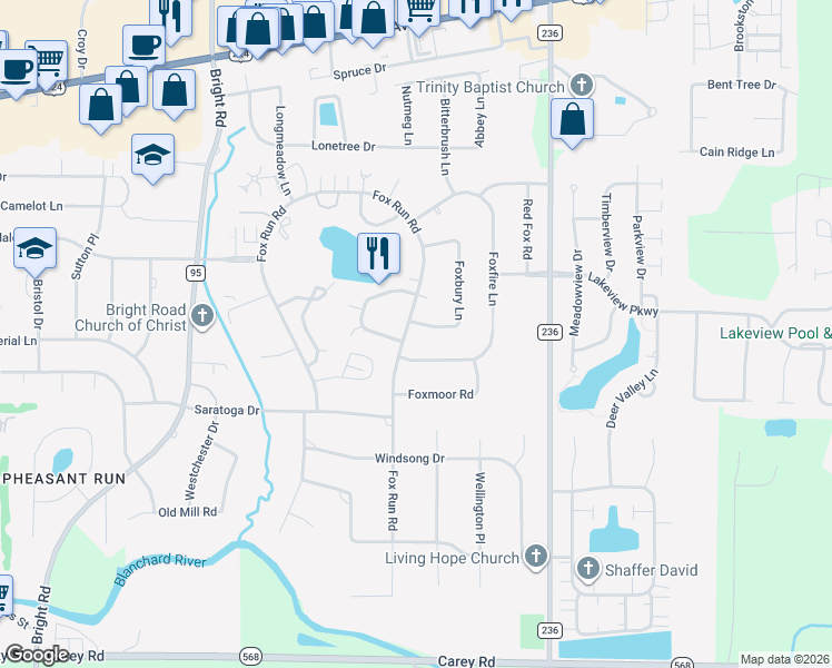 map of restaurants, bars, coffee shops, grocery stores, and more near 2634 Foxbury Lane in Findlay