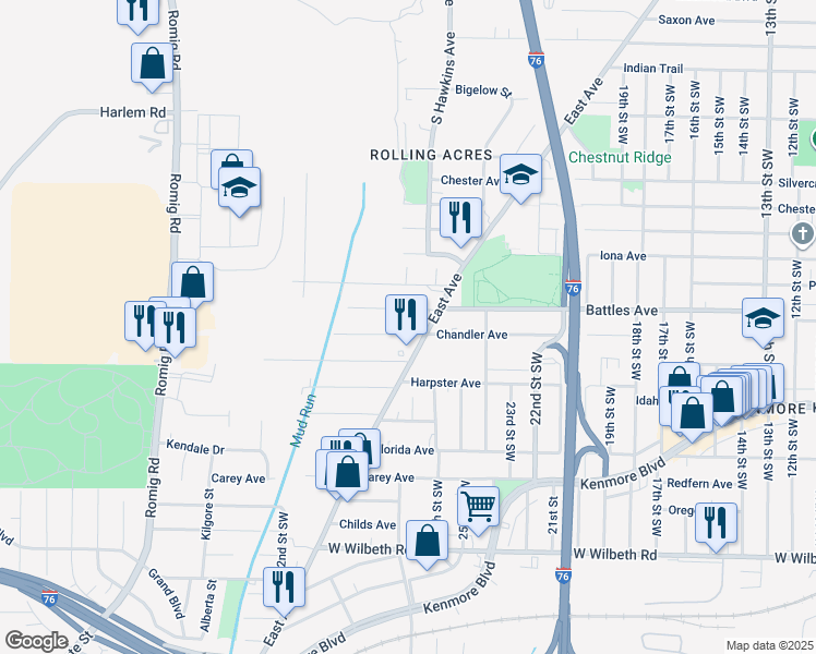 map of restaurants, bars, coffee shops, grocery stores, and more near 1245 Chandler Avenue in Akron