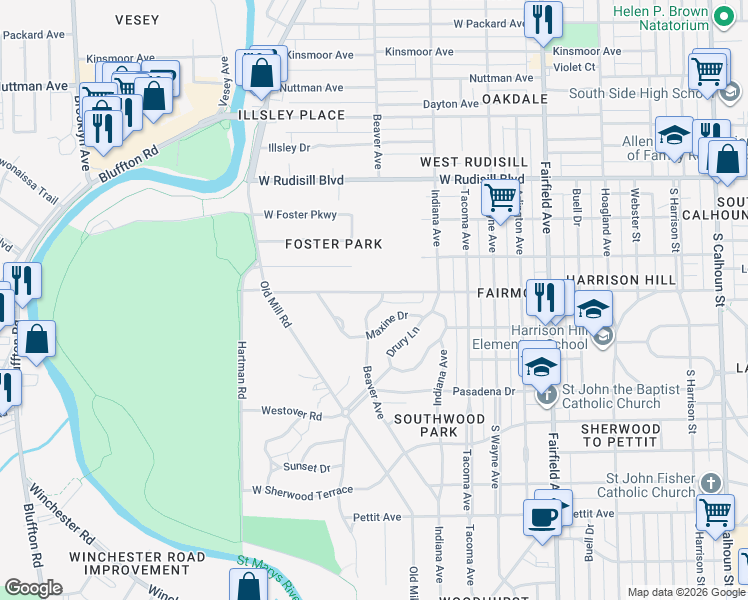 map of restaurants, bars, coffee shops, grocery stores, and more near 4210 Beaver Avenue in Fort Wayne