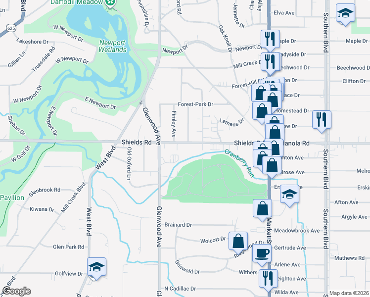 map of restaurants, bars, coffee shops, grocery stores, and more near 237 Shields Road in Youngstown