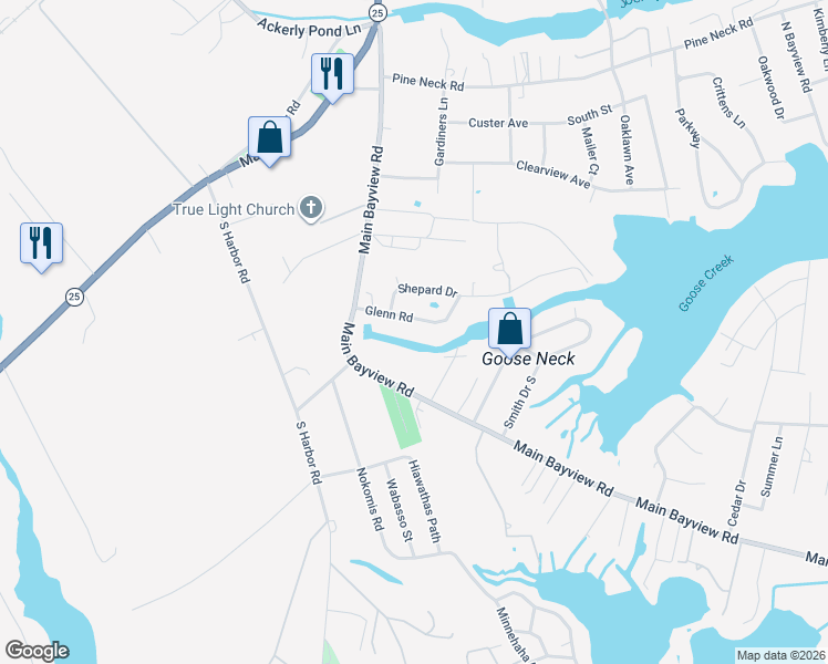 map of restaurants, bars, coffee shops, grocery stores, and more near 600 Glenn Road in Southold