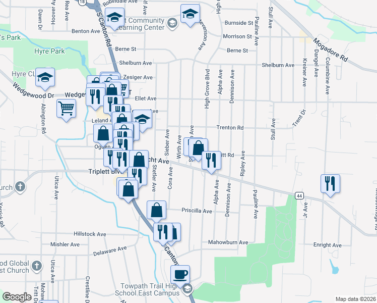 map of restaurants, bars, coffee shops, grocery stores, and more near 478 Stevenson Avenue in Akron
