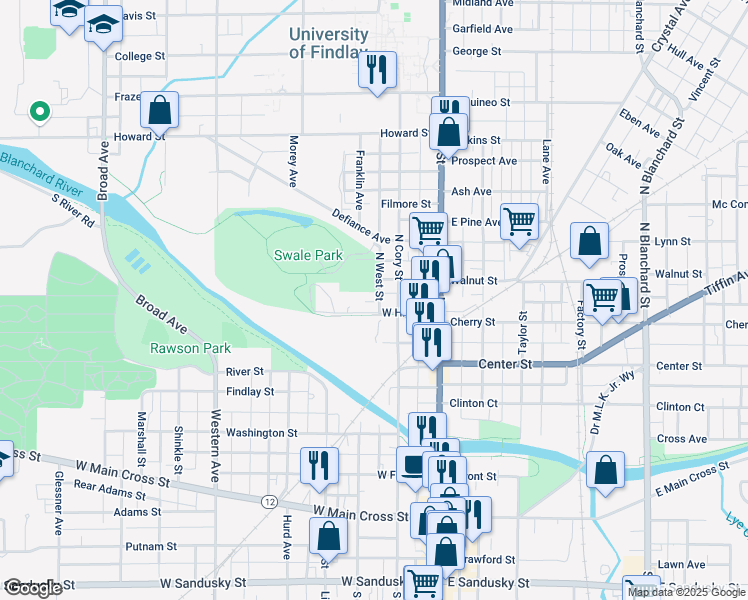 map of restaurants, bars, coffee shops, grocery stores, and more near 408 North West Street in Findlay