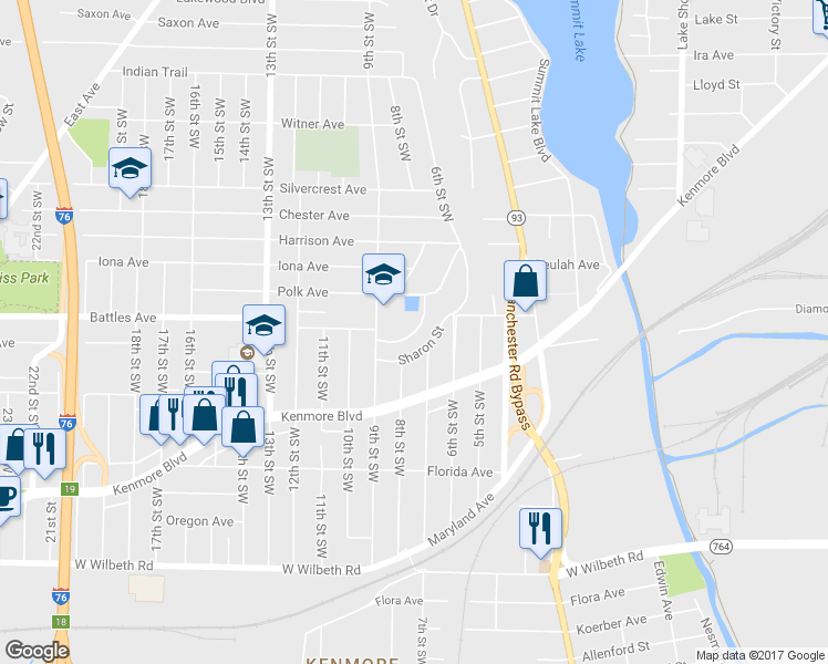 map of restaurants, bars, coffee shops, grocery stores, and more near 721 Viewland Terrace in Akron