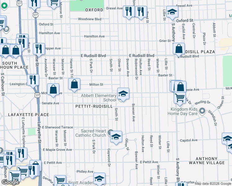 map of restaurants, bars, coffee shops, grocery stores, and more near Smith Street in Fort Wayne