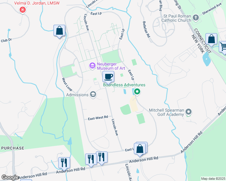 map of restaurants, bars, coffee shops, grocery stores, and more near 735 Anderson Hill Road in Purchase